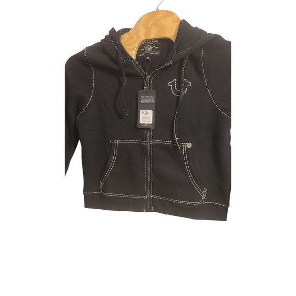 True Religion Women's Big T Stitch Logo Full-Zip Hoodie LC7 Black / White Large - Picture 1 of 6